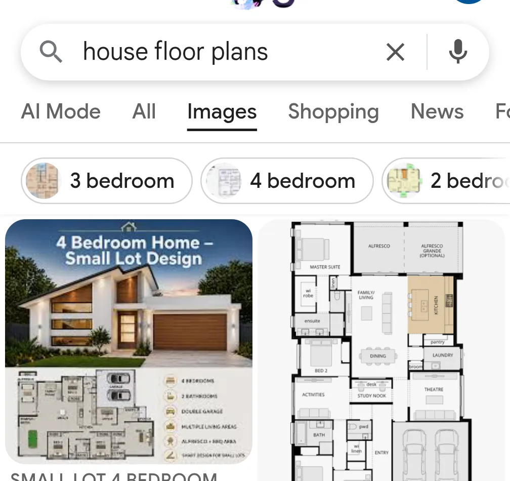 Google Images results for house floor plans, with the Images tab selected and 3, 4 and 2 bedroom filter chips above a grid of floor plan pictures.