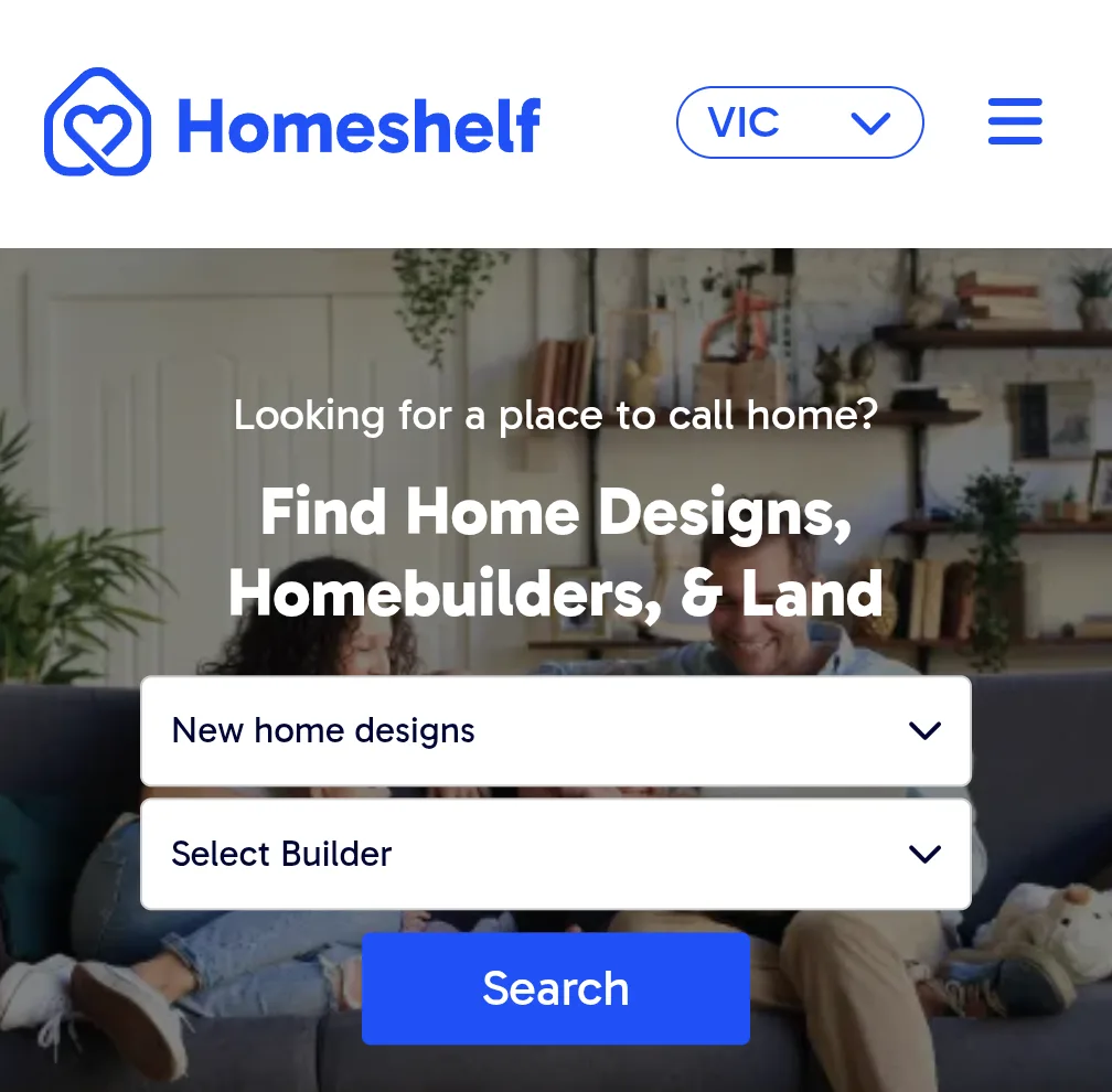 The Homeshelf search with New home designs and Select Builder dropdowns and a Search button.