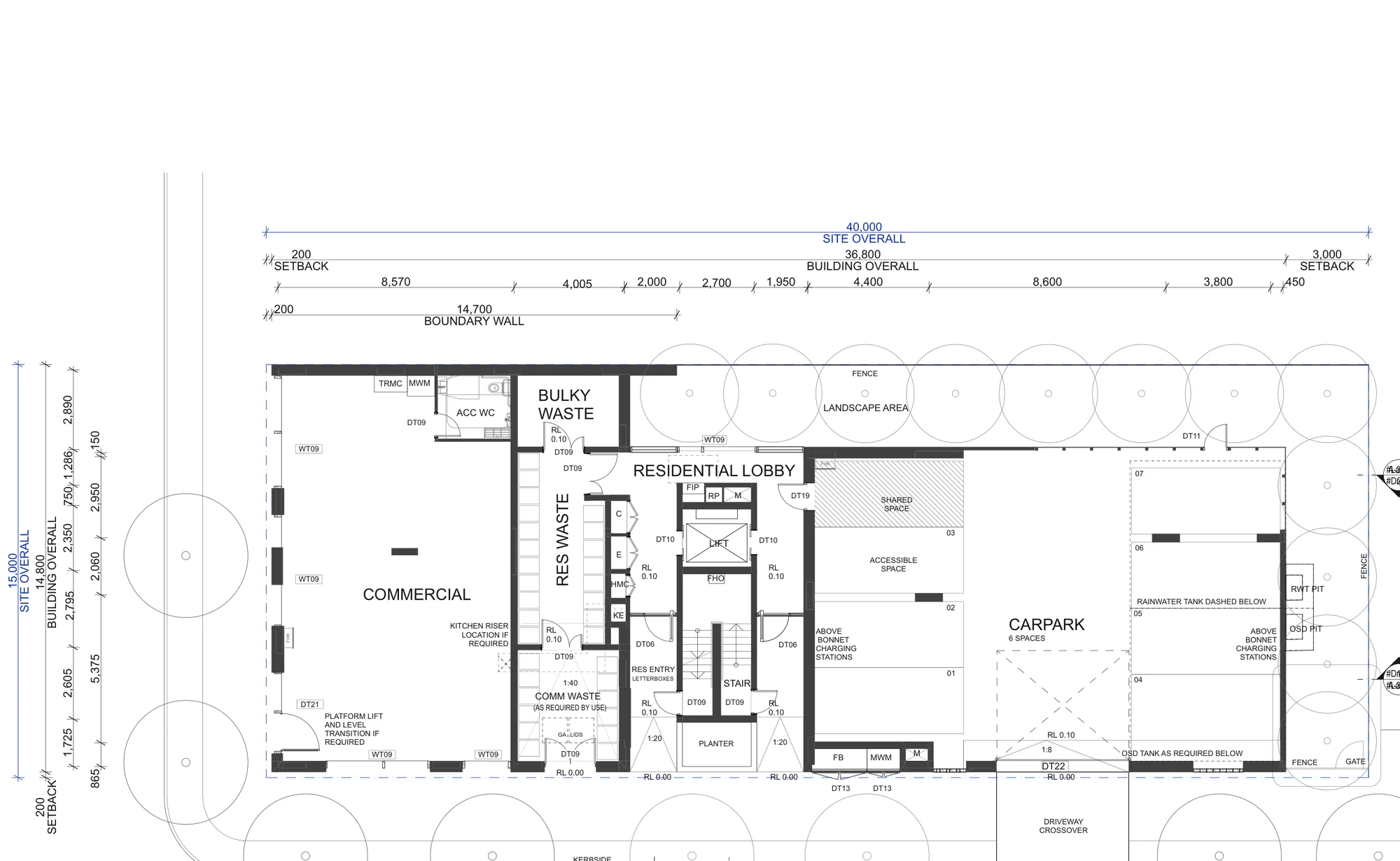 Pattern Book Corner Lot Apartments 01 ground floor plan showing the corner commercial tenancy, residential lobby and parking