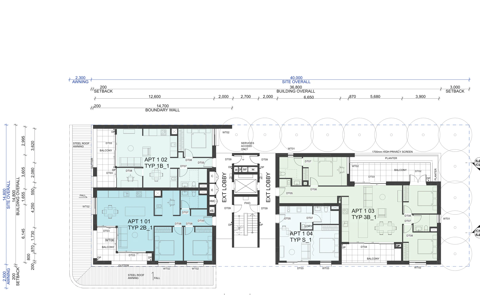 Pattern Book Corner Lot Apartments 01 Level 1 floor plan with two apartments on each side of the central lift and stair core