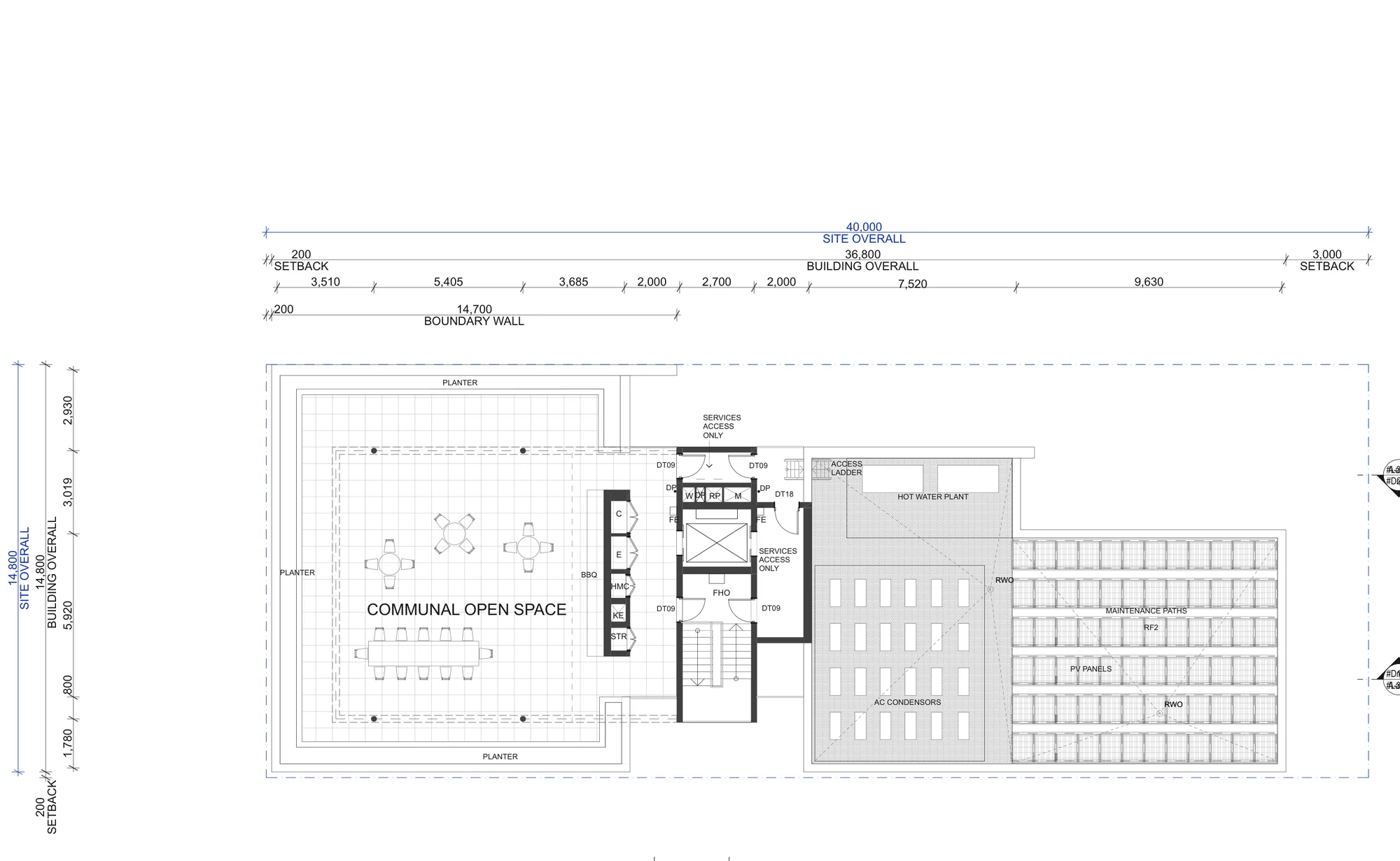 Pattern Book Corner Lot Apartments 01 Level 6 plan showing communal open space, building services and rooftop solar panels