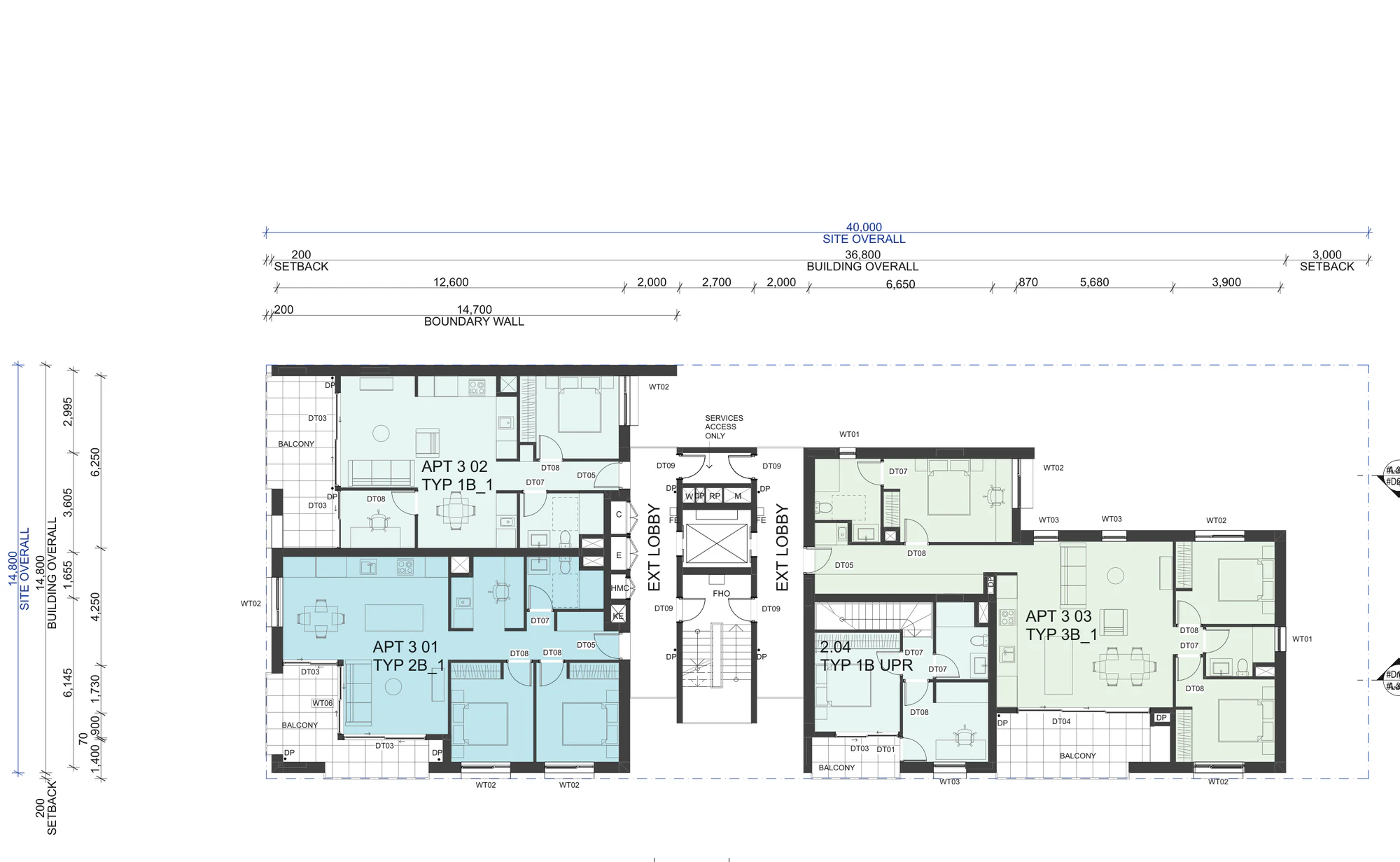 Pattern Book Corner Lot Apartments 01 Level 3 floor plan with three apartments and the upper floor of a split level apartment around the central lift and stair core