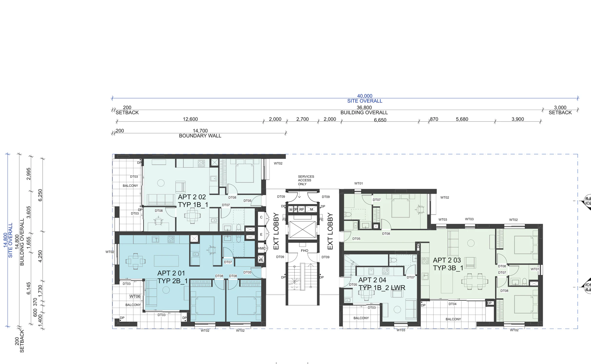 Pattern Book Corner Lot Apartments 01 Level 2 floor plan with four apartments around the central lift and stair core