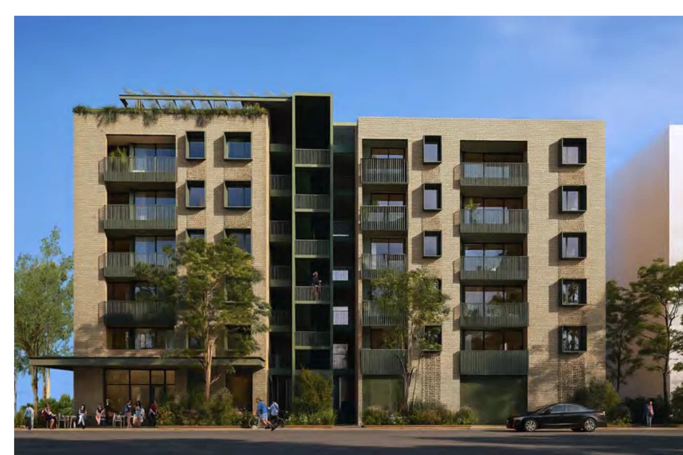 Pattern Book Corner Lot Apartments 01 street facade in the Eucalypt material palette with pale brick and sage green metalwork