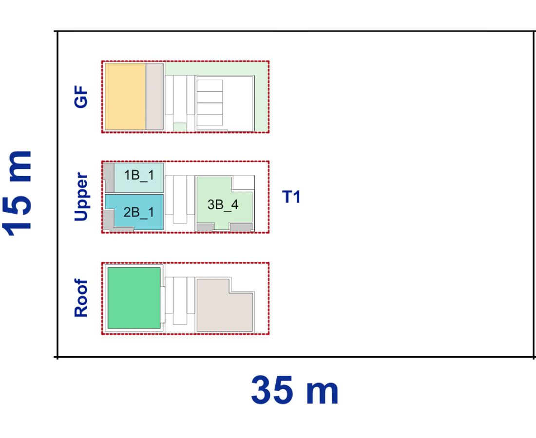 Pattern Book Corner Lot Apartments 01 site plan for a 15 by 35 metre corner block of 525 square metres, showing the commercial ground floor, upper apartment layout and communal roof; 18 apartments, or 19 with a residential ground floor