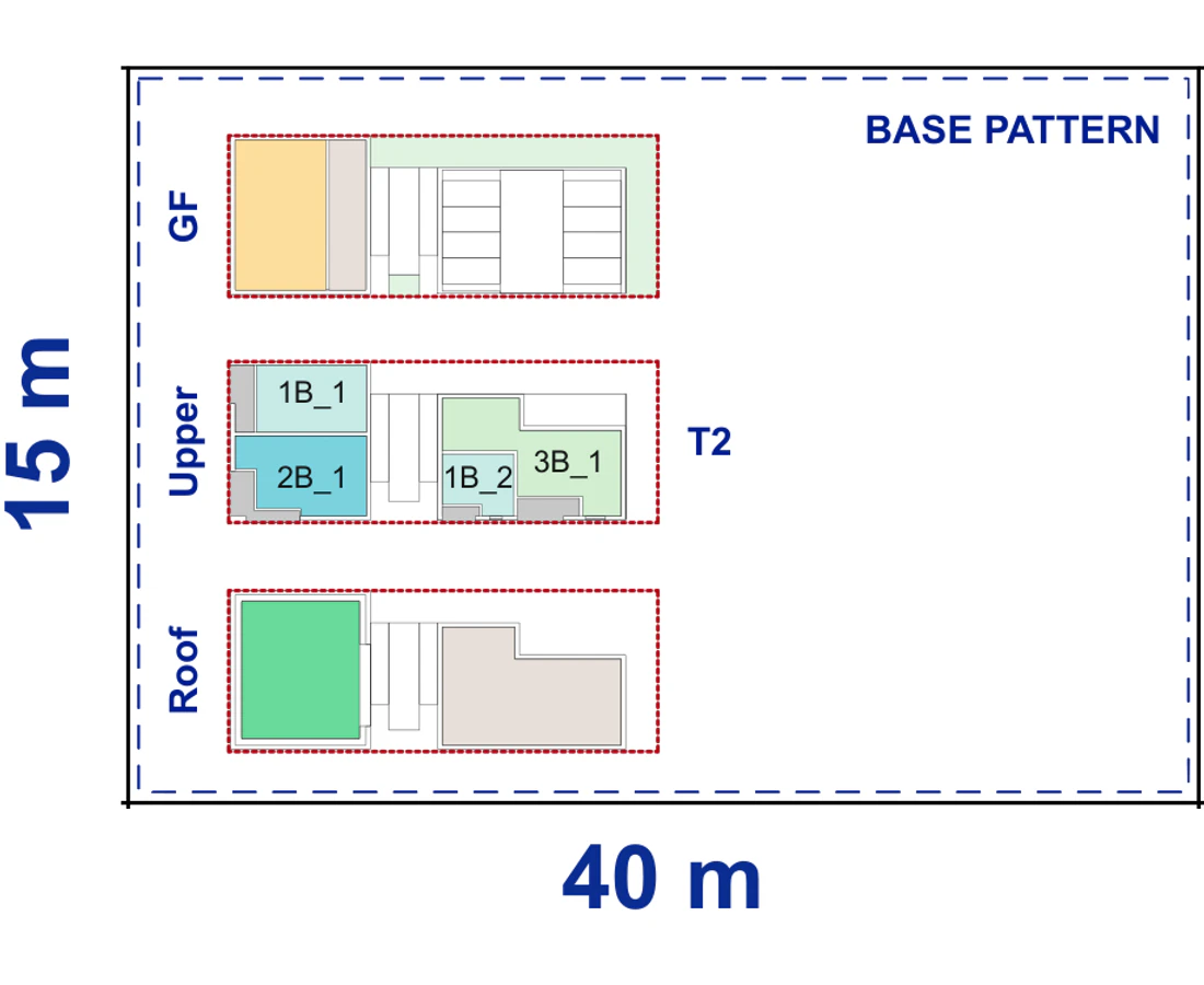 Pattern Book Corner Lot Apartments 01 site plan for a 15 by 40 metre corner block of 600 square metres, showing the commercial ground floor, upper apartment layout and communal roof; 18 apartments, or 19 with a residential ground floor
