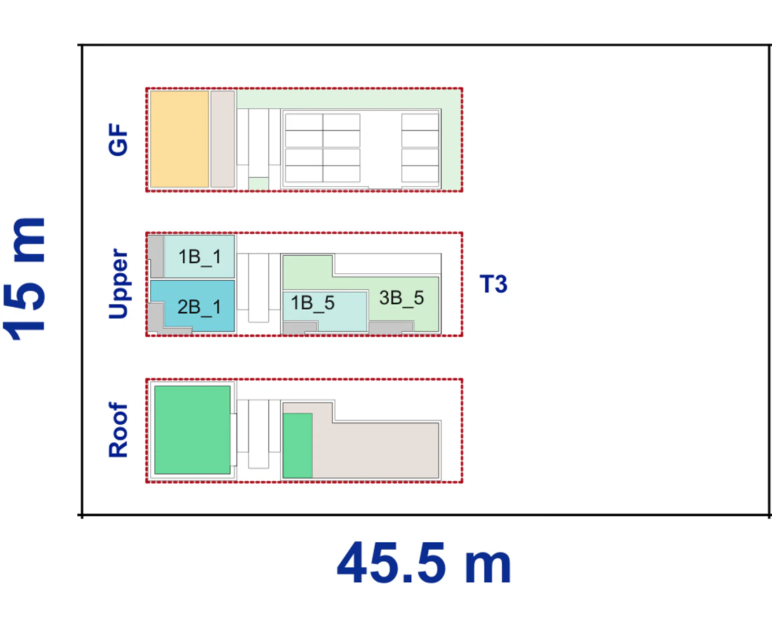Pattern Book Corner Lot Apartments 01 site plan for a 15 by 45.5 metre corner block of 682.5 square metres, showing the commercial ground floor, upper apartment layout and communal roof; 18 apartments, or 19 with a residential ground floor