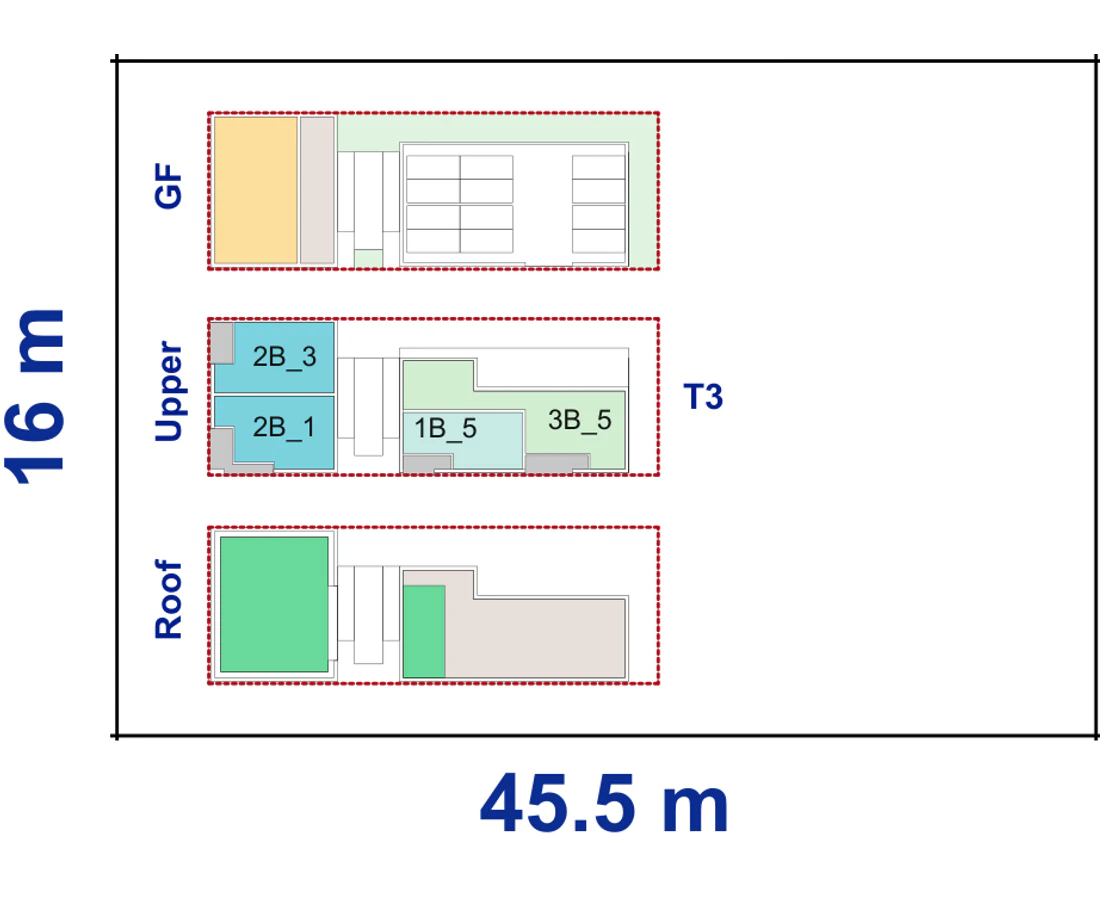 Pattern Book Corner Lot Apartments 01 site plan for a 16 by 45.5 metre corner block of 728 square metres, showing the commercial ground floor, upper apartment layout and communal roof; 18 apartments, or 19 with a residential ground floor