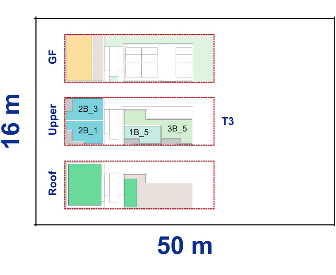 Pattern Book Corner Lot Apartments 01 site plan for a 16 by 50 metre corner block of 800 square metres, showing the commercial ground floor, upper apartment layout and communal roof; 18 apartments, or 19 with a residential ground floor