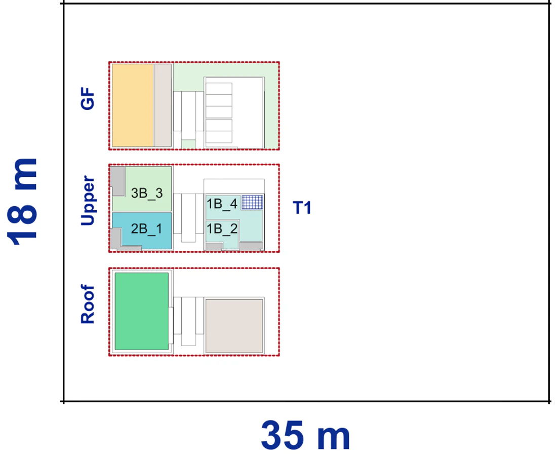 Pattern Book Corner Lot Apartments 01 site plan for a 18 by 35 metre corner block of 630 square metres, showing the commercial ground floor, upper apartment layout and communal roof; 18 apartments, or 19 with a residential ground floor
