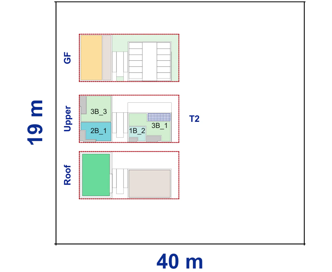 Pattern Book Corner Lot Apartments 01 site plan for a 19 by 40 metre corner block of 760 square metres, showing the commercial ground floor, upper apartment layout and communal roof; 18 apartments, or 19 with a residential ground floor