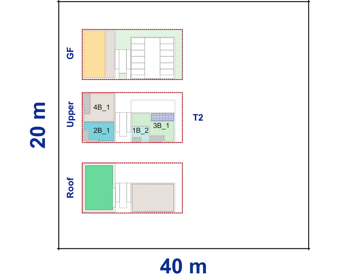 Pattern Book Corner Lot Apartments 01 site plan for a 20 by 40 metre corner block of 800 square metres, showing the commercial ground floor, upper apartment layout and communal roof; 18 apartments, or 19 with a residential ground floor