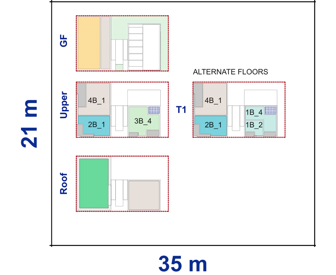 Pattern Book Corner Lot Apartments 01 site plan for a 21 by 35 metre corner block of 735 square metres, showing the commercial ground floor, upper apartment layout and communal roof; 18 apartments, or 19 with a residential ground floor