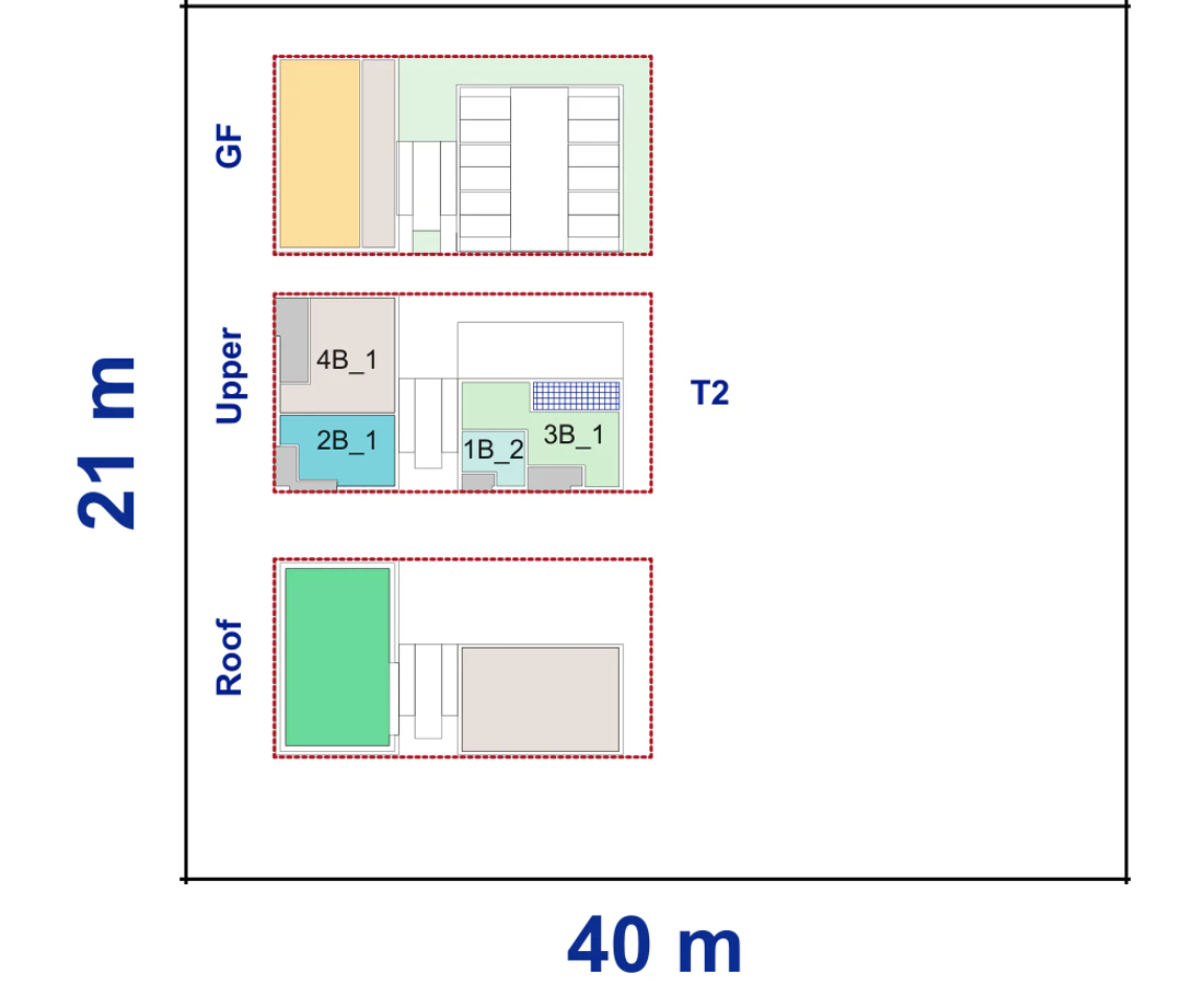 Pattern Book Corner Lot Apartments 01 site plan for a 21 by 40 metre corner block of 840 square metres, showing the commercial ground floor, upper apartment layout and communal roof; 18 apartments, or 19 with a residential ground floor