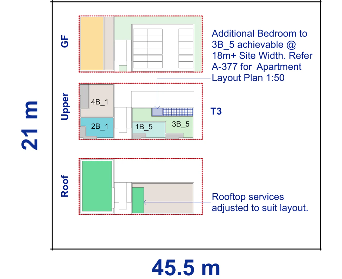 Pattern Book Corner Lot Apartments 01 site plan for a 21 by 45.5 metre corner block of 955.5 square metres, showing the commercial ground floor, upper apartment layout and communal roof; 18 apartments, or 19 with a residential ground floor