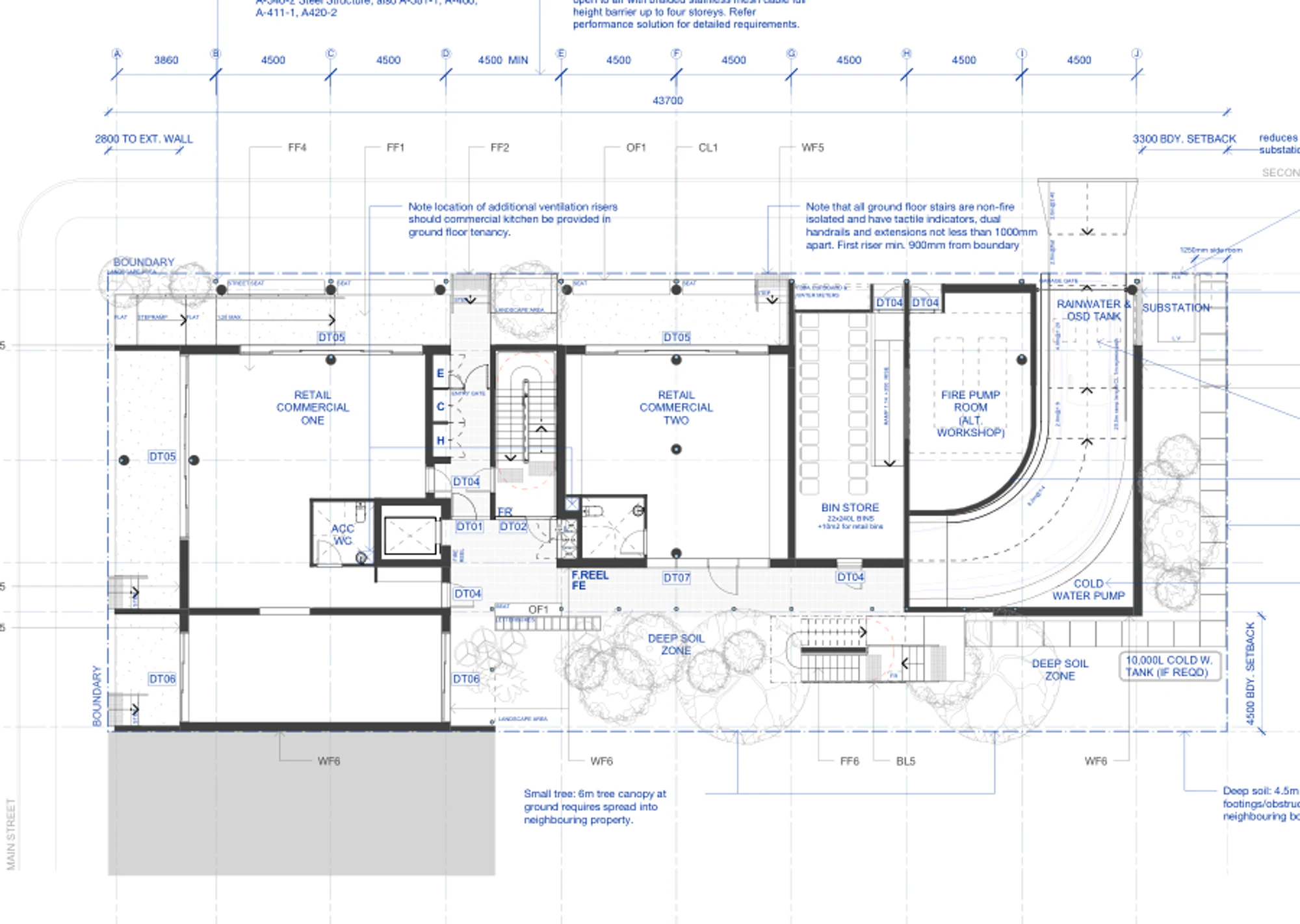 Pattern Book Corner Lot Apartments 02 ground floor plan showing two commercial tenancies, main entry, services, landscaping and basement ramp