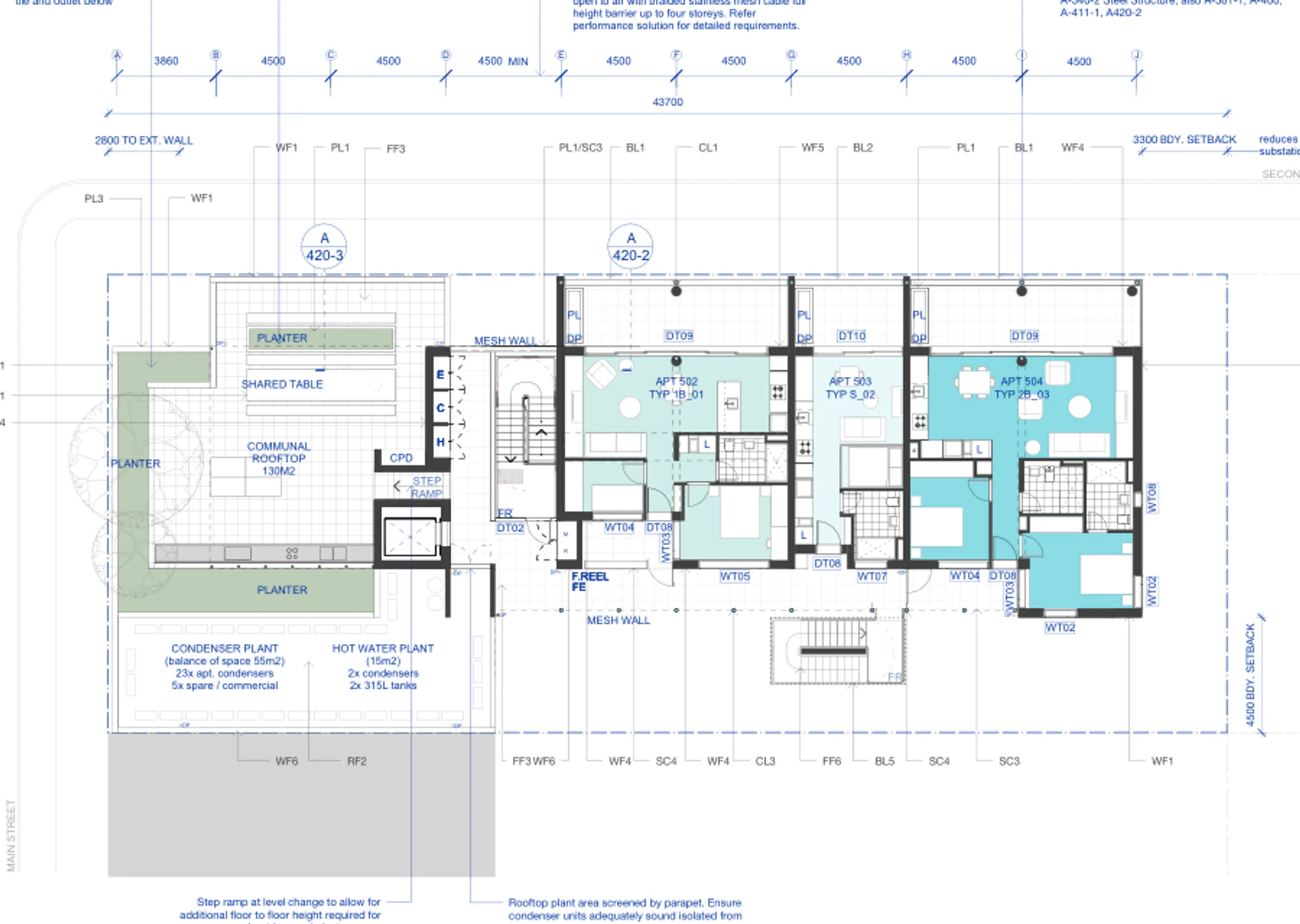 Pattern Book Corner Lot Apartments 02 Level 5 plan showing three apartments beside a 130 square metre communal roof terrace, planting, shared table and building services