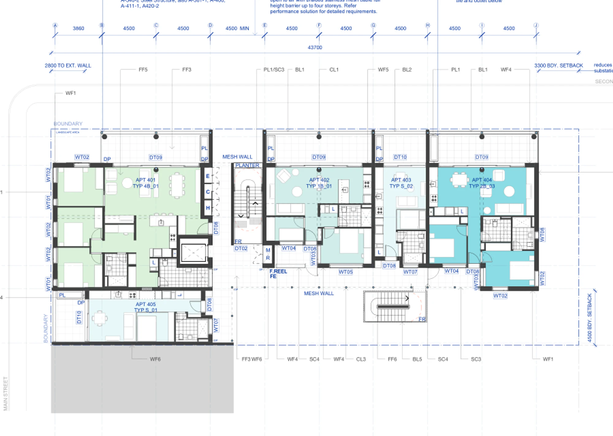Pattern Book Corner Lot Apartments 02 Level 4 plan showing the complete upper floor apartment configuration, open gallery, lift, stair and balconies