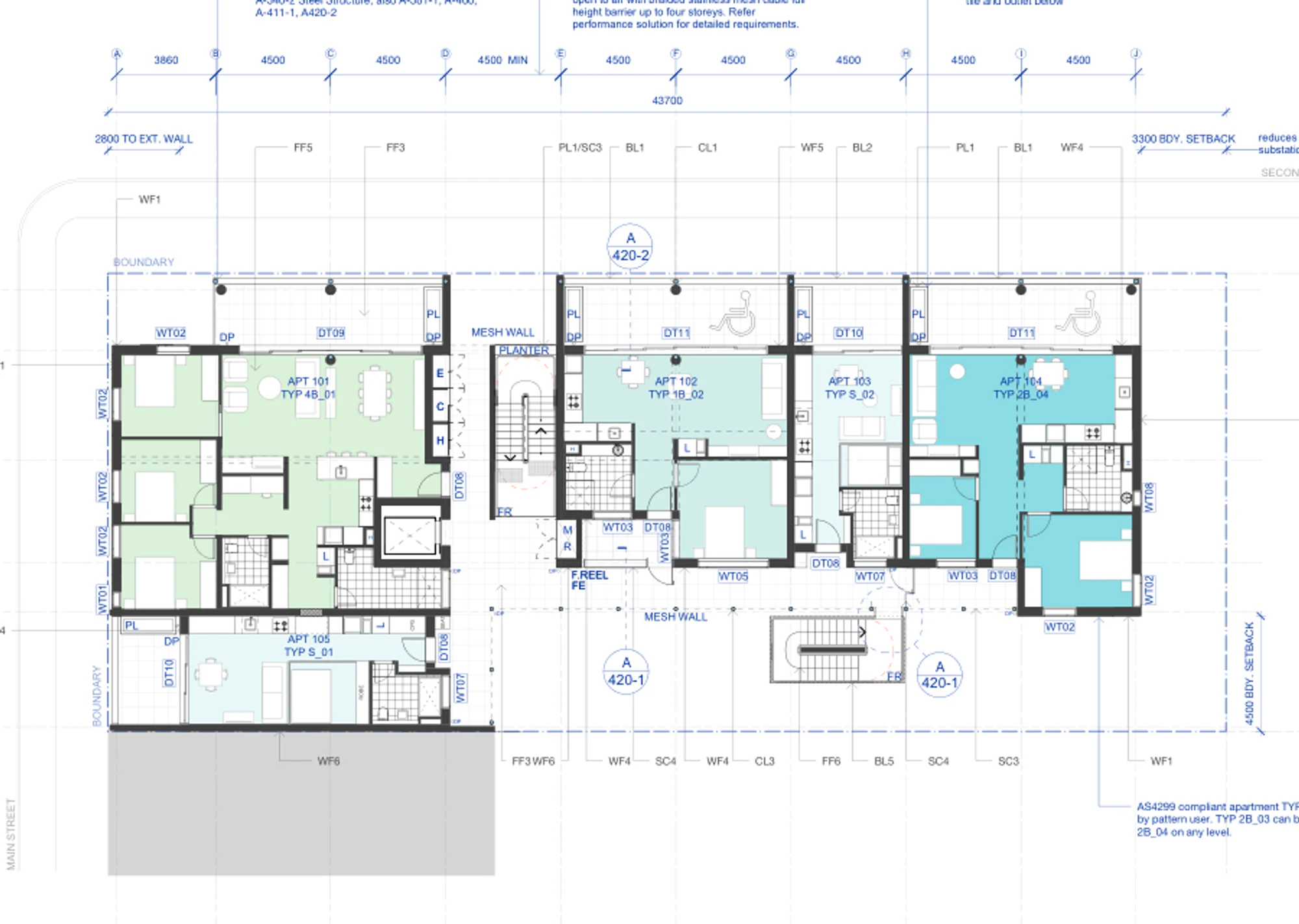 Pattern Book Corner Lot Apartments 02 Level 1 plan showing five complete apartments, open gallery circulation, lift, stair, porches and balconies