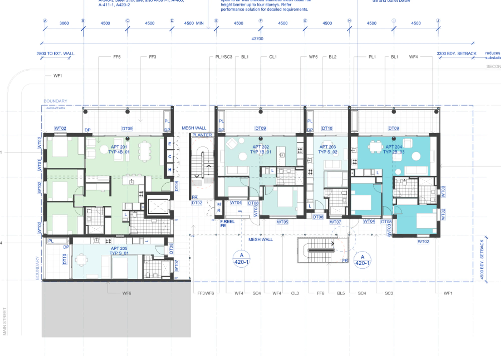 Pattern Book Corner Lot Apartments 02 Level 2 plan showing the complete upper floor apartment configuration, open gallery, lift, stair and balconies