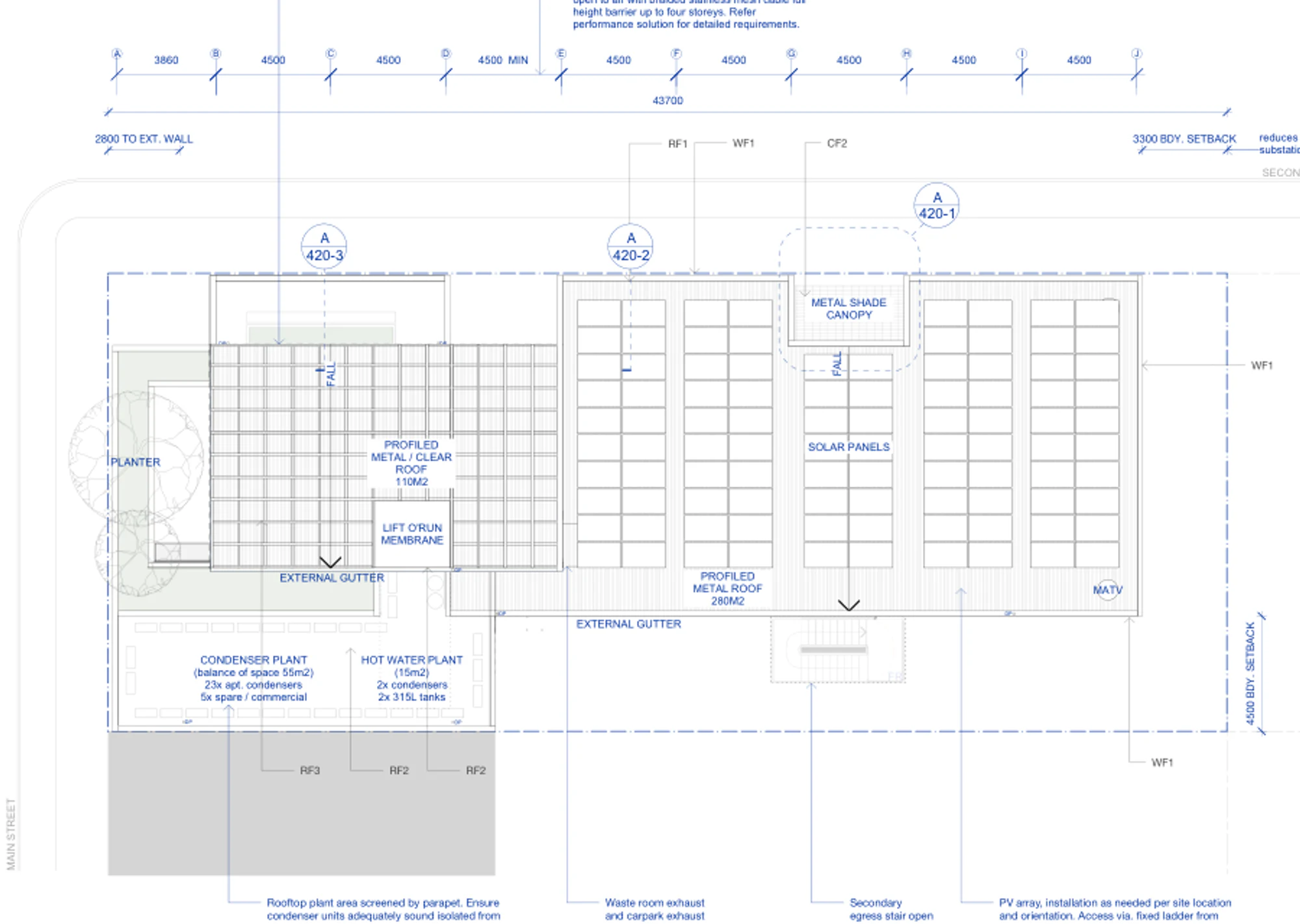 Pattern Book Corner Lot Apartments 02 roof plan showing the solar panel array, profiled roof, clear roof sections, drainage and lift overrun