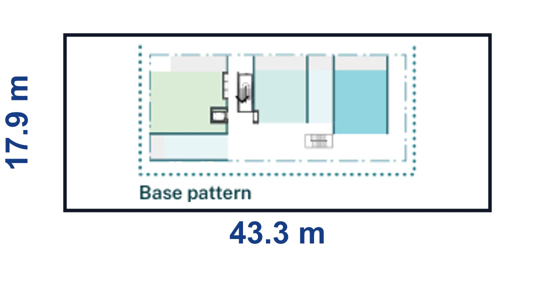 Pattern Book Corner Lot Apartments 02 adaptation plan for a 17.9 by 43.3 metre corner site of 775.1 square metres, showing the complete boundary, base or wide apartment modules and the adaptable upper floor configuration; the pattern provides 10 to 24 apartments across 4 to 6 storeys