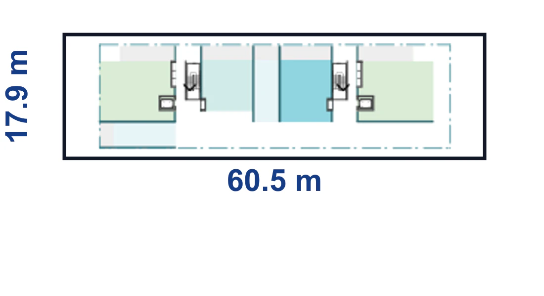 Pattern Book Corner Lot Apartments 02 adaptation plan for a 17.9 by 60.5 metre corner site of 1,082.9 square metres, showing the complete boundary, base or wide apartment modules and the adaptable upper floor configuration; the pattern provides 10 to 24 apartments across 4 to 6 storeys
