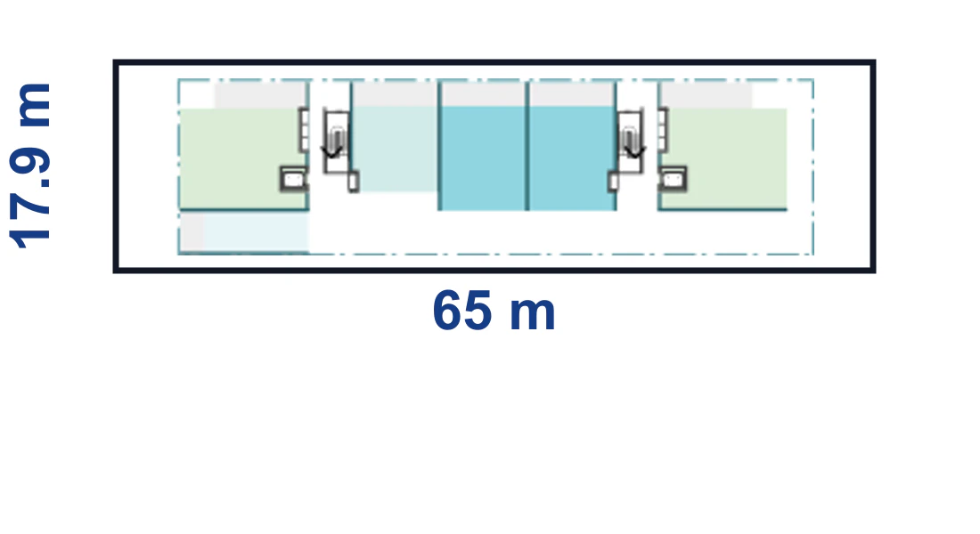 Pattern Book Corner Lot Apartments 02 adaptation plan for a 17.9 by 65 metre corner site of 1,163.5 square metres, showing the complete boundary, base or wide apartment modules and the adaptable upper floor configuration; the pattern provides 10 to 24 apartments across 4 to 6 storeys