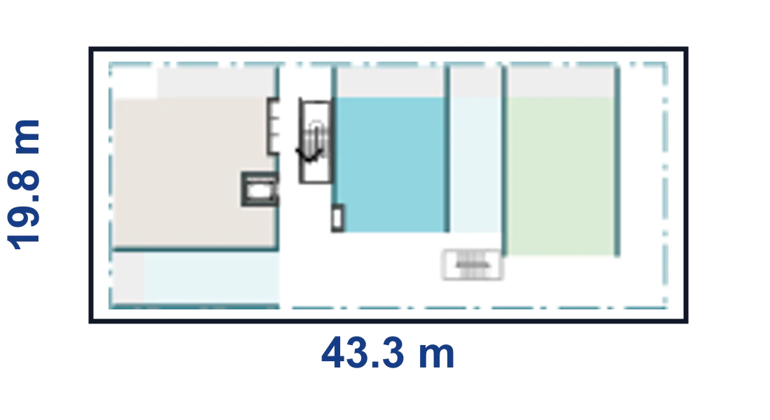 Pattern Book Corner Lot Apartments 02 adaptation plan for a 19.8 by 43.3 metre corner site of 857.3 square metres, showing the complete boundary, base or wide apartment modules and the adaptable upper floor configuration; the pattern provides 10 to 24 apartments across 4 to 6 storeys
