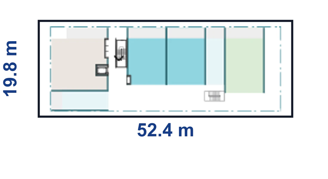 Pattern Book Corner Lot Apartments 02 adaptation plan for a 19.8 by 52.4 metre corner site of 1,037.5 square metres, showing the complete boundary, base or wide apartment modules and the adaptable upper floor configuration; the pattern provides 10 to 24 apartments across 4 to 6 storeys