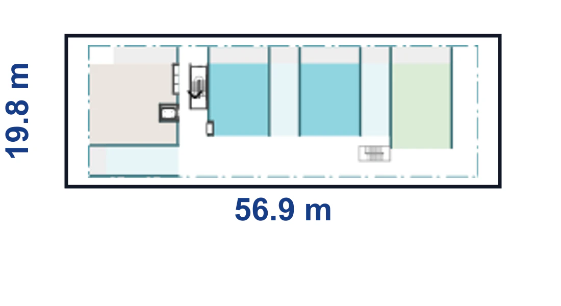Pattern Book Corner Lot Apartments 02 adaptation plan for a 19.8 by 56.9 metre corner site of 1,126.6 square metres, showing the complete boundary, base or wide apartment modules and the adaptable upper floor configuration; the pattern provides 10 to 24 apartments across 4 to 6 storeys