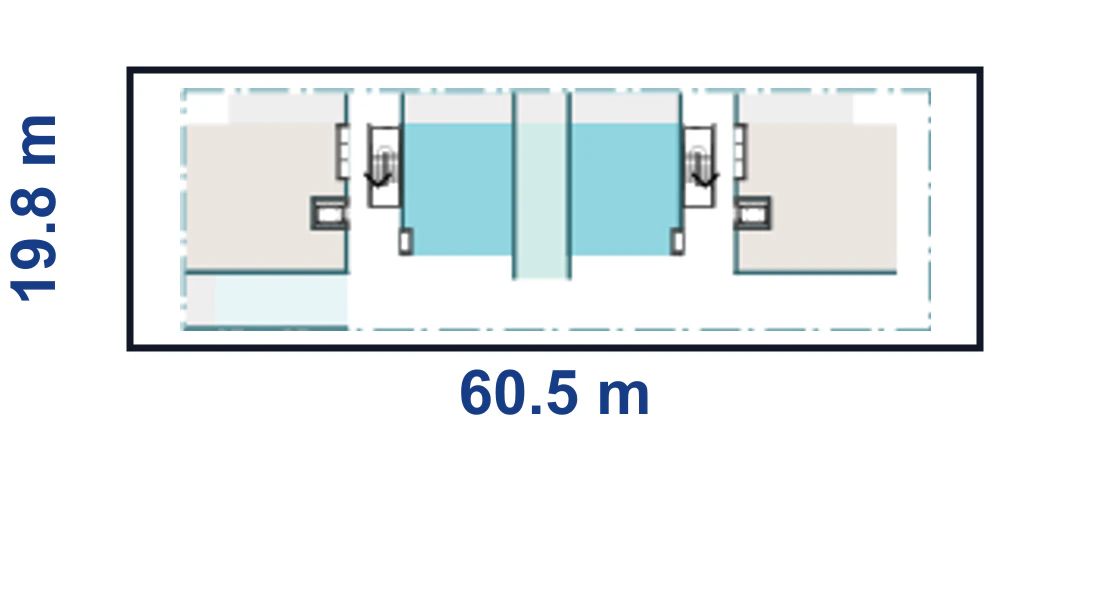 Pattern Book Corner Lot Apartments 02 adaptation plan for a 19.8 by 60.5 metre corner site of 1,197.9 square metres, showing the complete boundary, base or wide apartment modules and the adaptable upper floor configuration; the pattern provides 10 to 24 apartments across 4 to 6 storeys