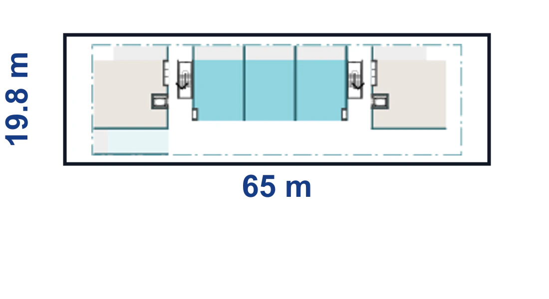 Pattern Book Corner Lot Apartments 02 adaptation plan for a 19.8 by 65 metre corner site of 1,287 square metres, showing the complete boundary, base or wide apartment modules and the adaptable upper floor configuration; the pattern provides 10 to 24 apartments across 4 to 6 storeys