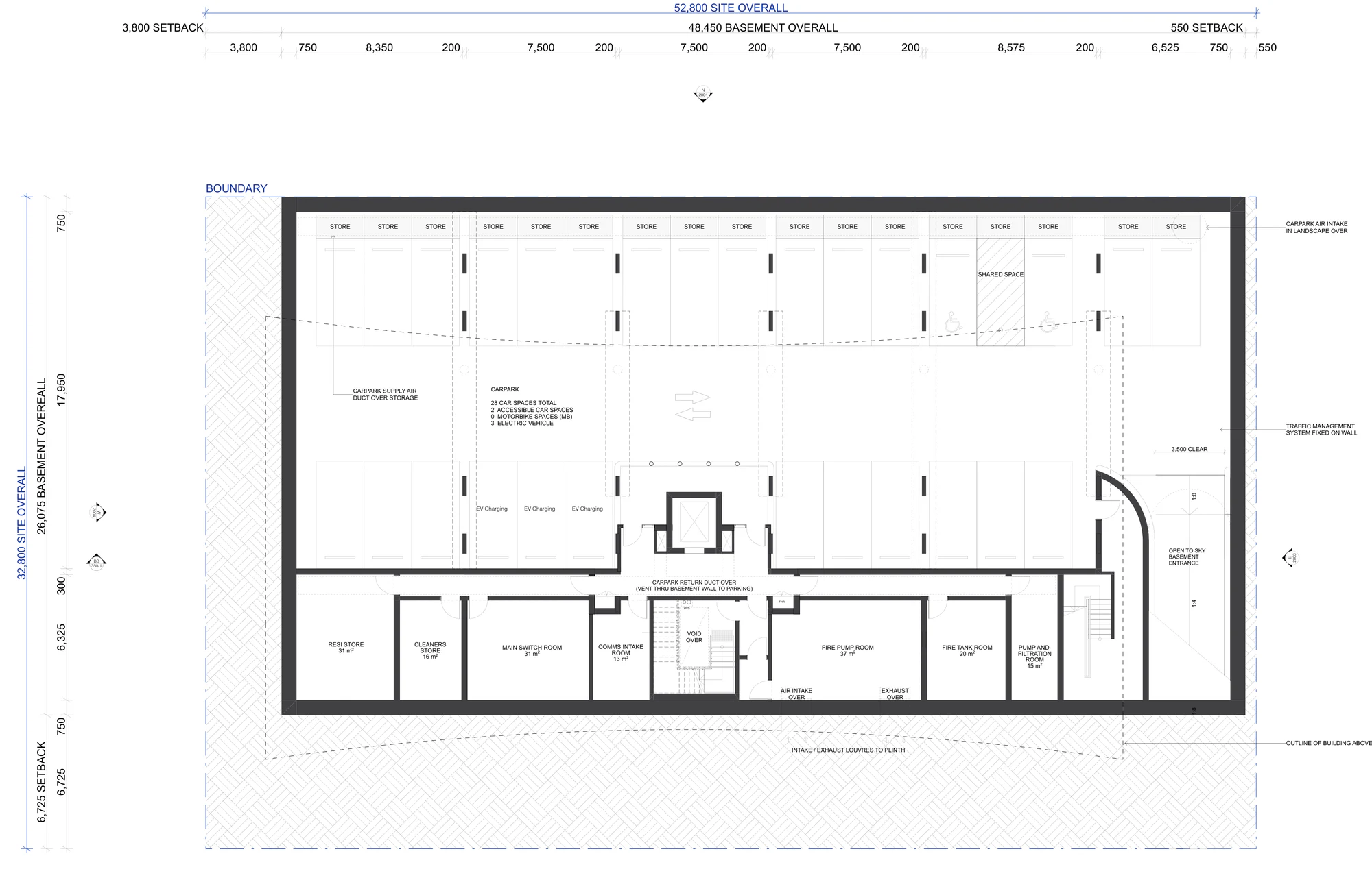 Pattern Book Large Lot Apartments 01 basement parking plan showing 28 spaces, accessible parking, resident stores, plant rooms, lift, stair and ramp