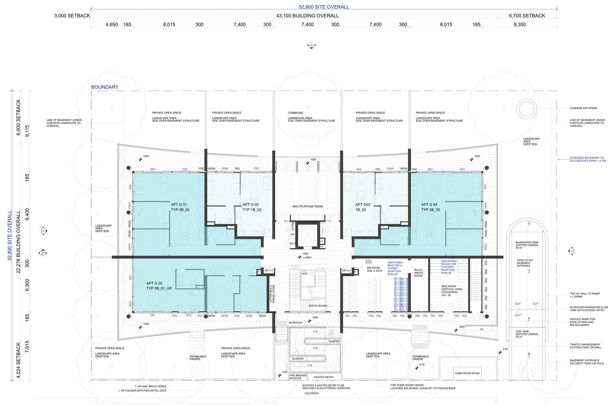Pattern Book Large Lot Apartments 01 ground floor plan above basement parking showing five complete apartments, multipurpose room, lobby, lift, stair, waste and landscaped private and communal open space