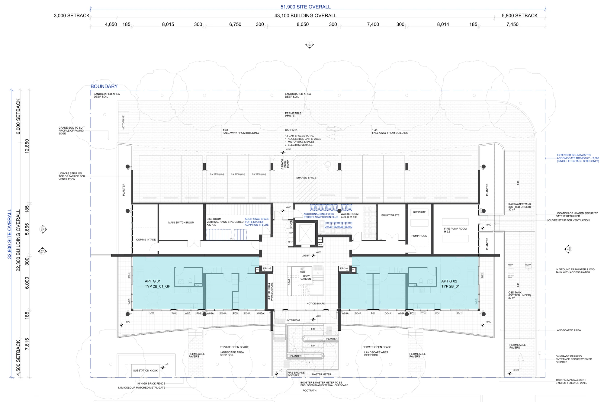 Pattern Book Large Lot Apartments 01 ground floor plan with on grade parking showing two complete apartments, 13 car spaces, bike and waste rooms, lobby, lift, stair and landscaping