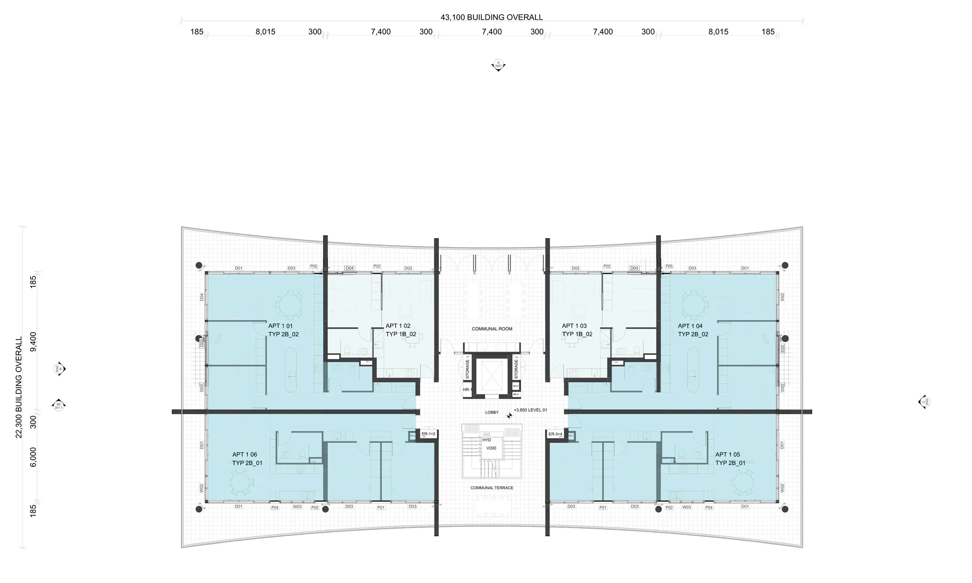 Pattern Book Large Lot Apartments 01 Level 1 plan above on grade parking showing six complete apartments, communal room, open stair, lift, terrace and wrap around balconies