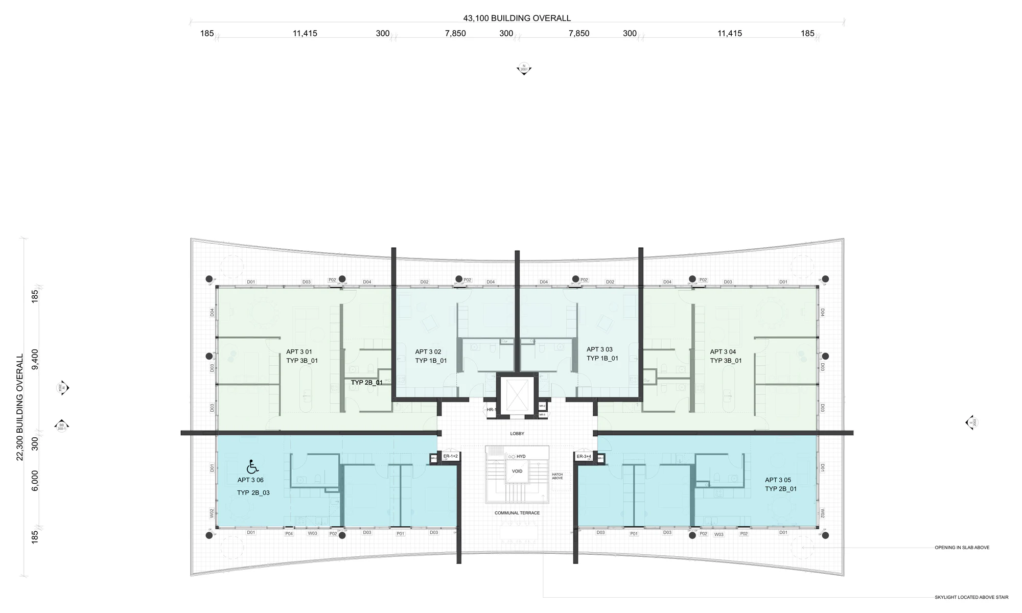 Pattern Book Large Lot Apartments 01 Level 3 floor plan showing six complete apartments, open stair, lift, communal terrace and wrap around balconies