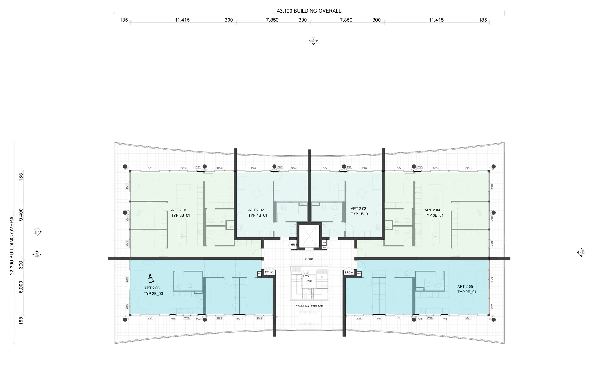 Pattern Book Large Lot Apartments 01 typical Levels 1 and 2 floor plan showing six complete apartments, open stair, lift, communal terrace and wrap around balconies
