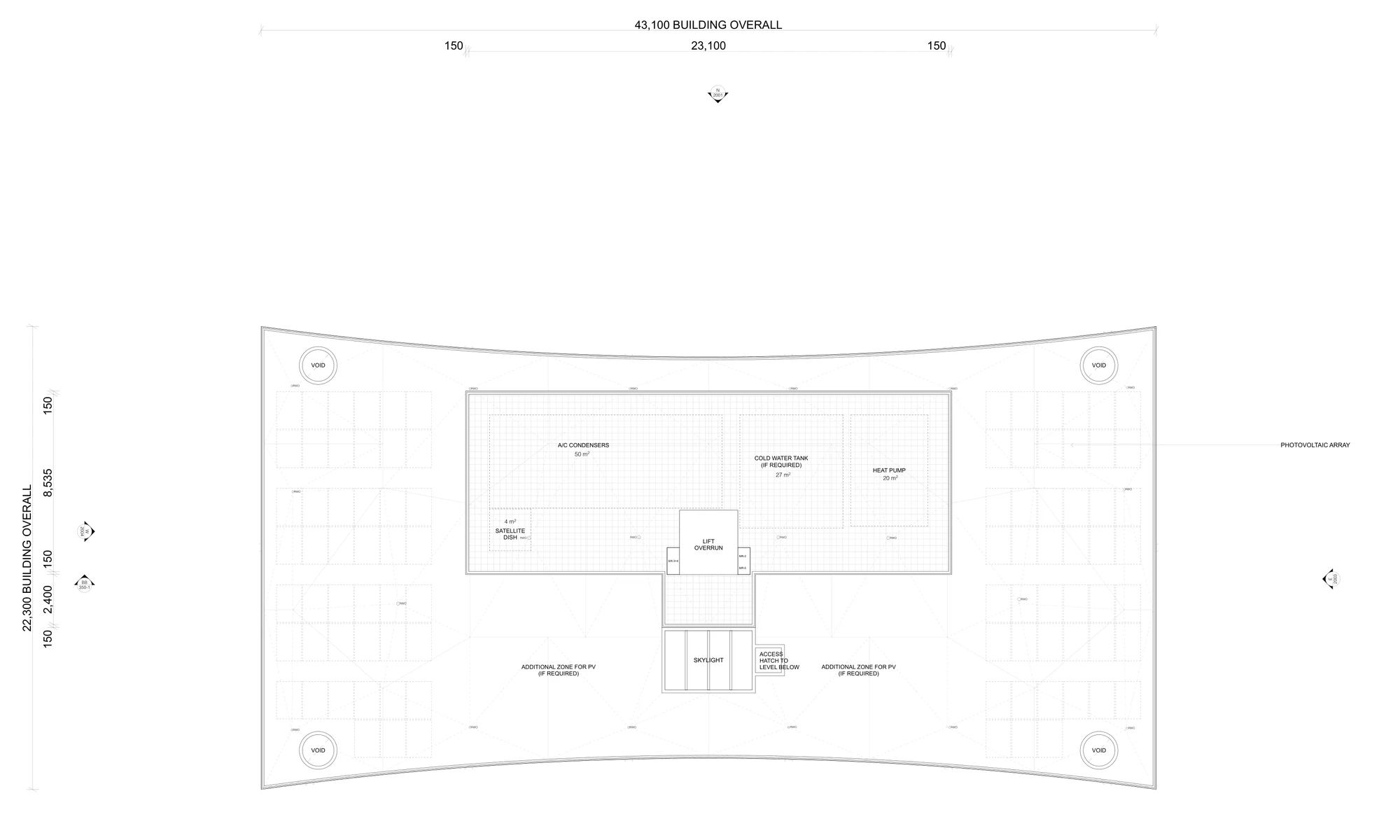 Pattern Book Large Lot Apartments 01 roof plan showing photovoltaic arrays, plant, lift overrun, skylight and optional additional solar zones