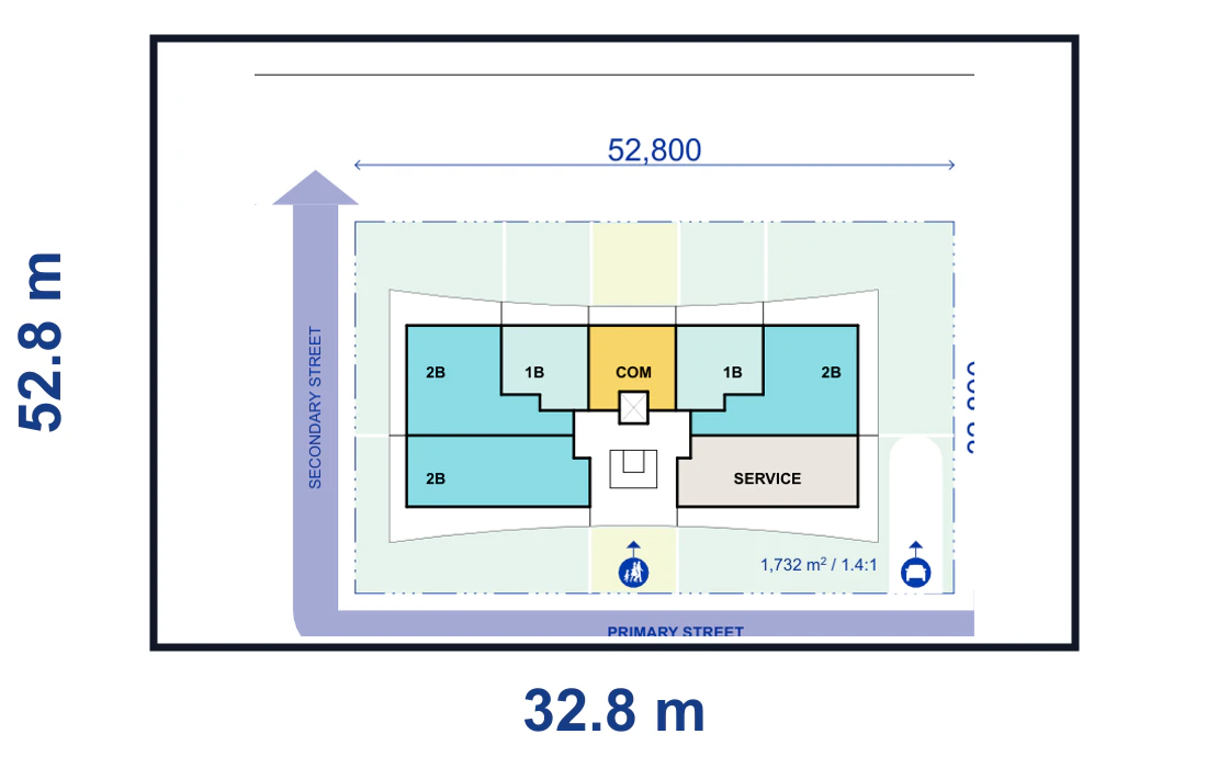 Pattern Book Large Lot Apartments 01 4 storey basement base corner lot plan for a 52.8 by 32.8 metre site of 1,732 square metres, showing the complete lot boundary, building footprint, streets, parking or basement access and waste vehicle path where required; the pattern provides 20 to 40 apartments across the complete building
