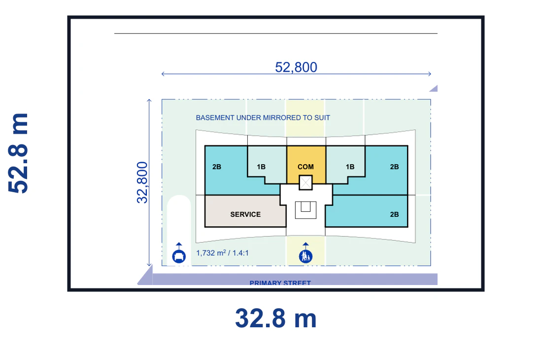 Pattern Book Large Lot Apartments 01 4 storey basement mirrored corner lot plan for a 52.8 by 32.8 metre site of 1,732 square metres, showing the complete lot boundary, building footprint, streets, parking or basement access and waste vehicle path where required; the pattern provides 20 to 40 apartments across the complete building