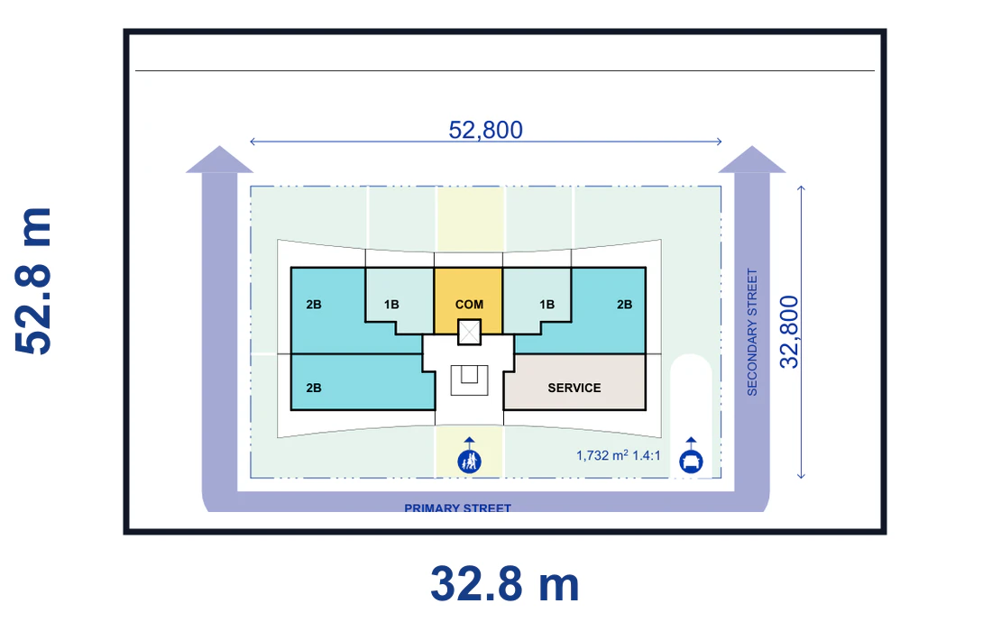 Pattern Book Large Lot Apartments 01 4 storey basement end lot plan for a 52.8 by 32.8 metre site of 1,732 square metres, showing the complete lot boundary, building footprint, streets, parking or basement access and waste vehicle path where required; the pattern provides 20 to 40 apartments across the complete building