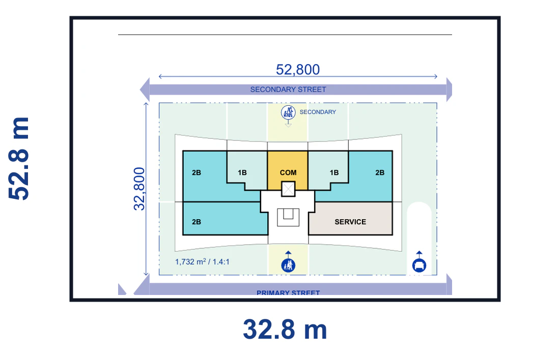 Pattern Book Large Lot Apartments 01 4 storey basement mid lot with a laneway plan for a 52.8 by 32.8 metre site of 1,732 square metres, showing the complete lot boundary, building footprint, streets, parking or basement access and waste vehicle path where required; the pattern provides 20 to 40 apartments across the complete building