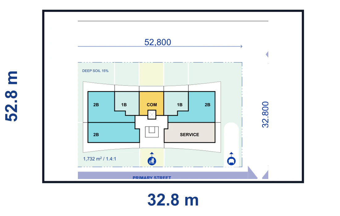 Pattern Book Large Lot Apartments 01 4 storey basement mid lot with one frontage plan for a 52.8 by 32.8 metre site of 1,732 square metres, showing the complete lot boundary, building footprint, streets, parking or basement access and waste vehicle path where required; the pattern provides 20 to 40 apartments across the complete building