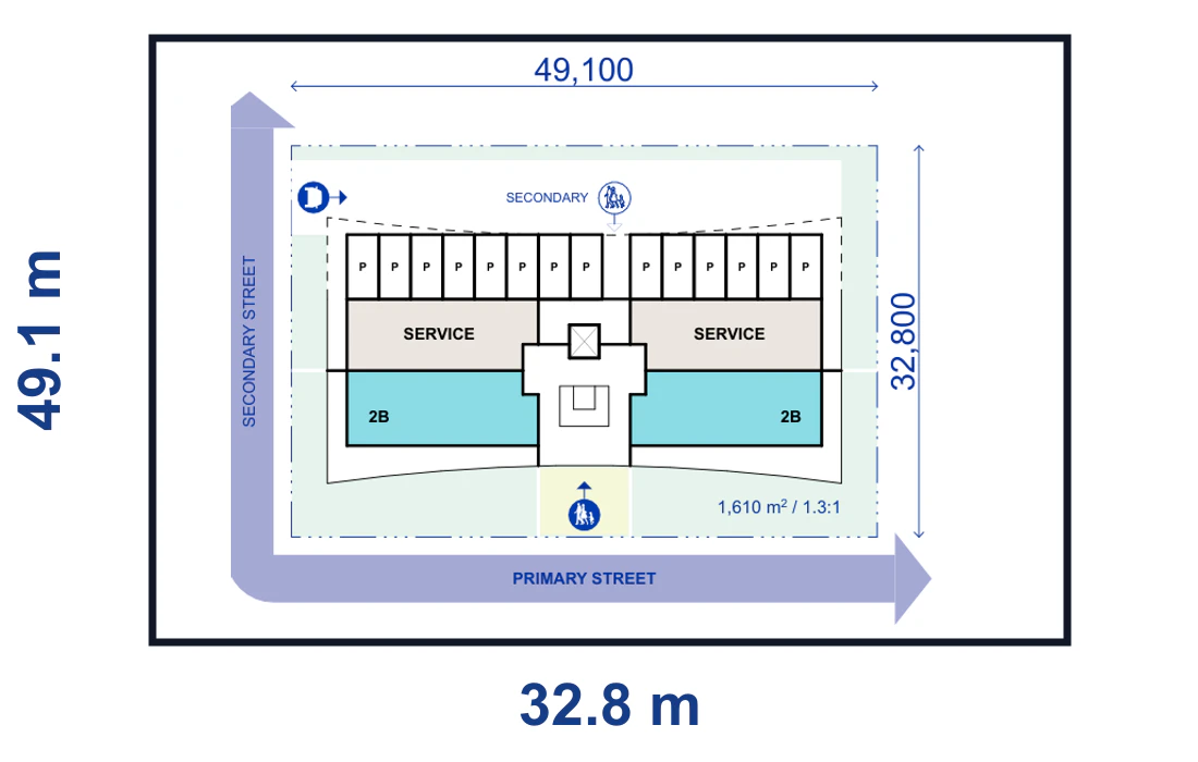 Pattern Book Large Lot Apartments 01 4 storey on grade base corner lot plan for a 49.1 by 32.8 metre site of 1,610 square metres, showing the complete lot boundary, building footprint, streets, parking or basement access and waste vehicle path where required; the pattern provides 20 to 40 apartments across the complete building
