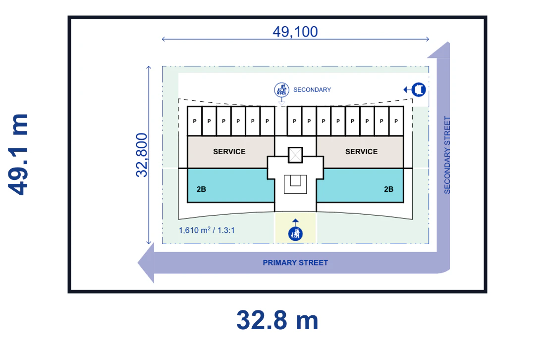 Pattern Book Large Lot Apartments 01 4 storey on grade mirrored corner lot plan for a 49.1 by 32.8 metre site of 1,610 square metres, showing the complete lot boundary, building footprint, streets, parking or basement access and waste vehicle path where required; the pattern provides 20 to 40 apartments across the complete building