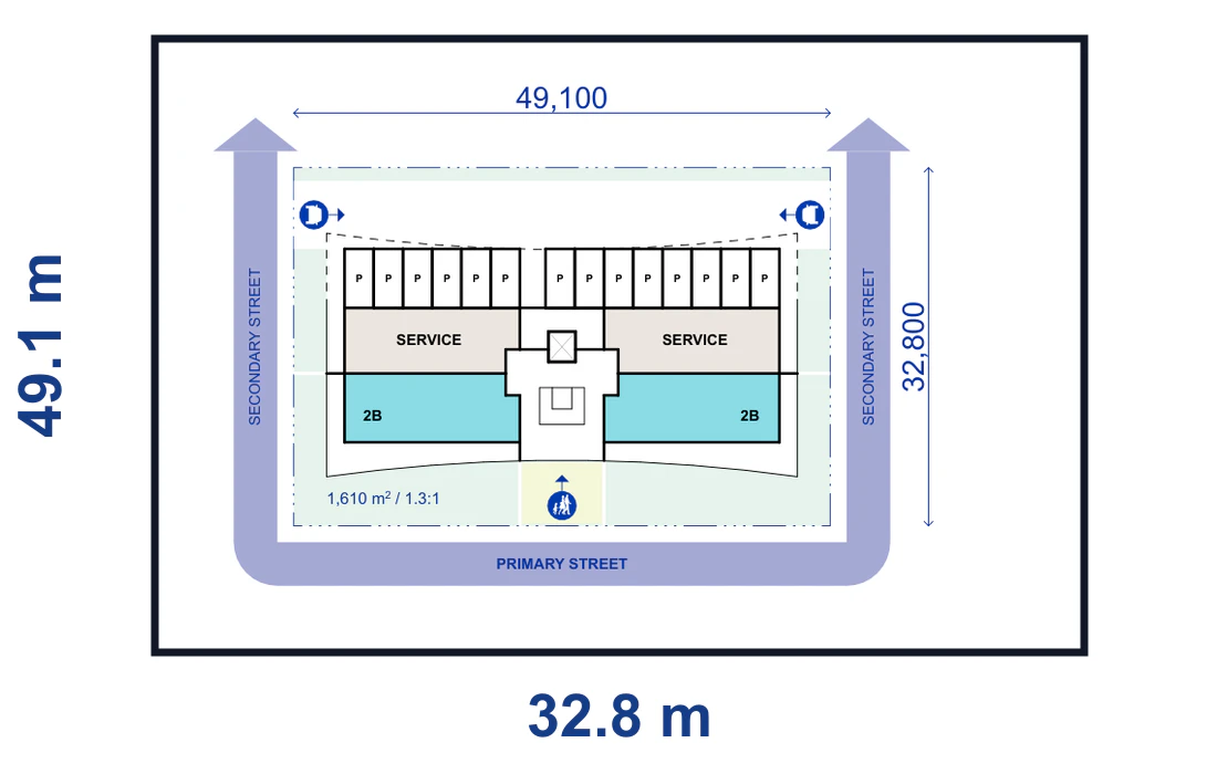 Pattern Book Large Lot Apartments 01 4 storey on grade end lot plan for a 49.1 by 32.8 metre site of 1,610 square metres, showing the complete lot boundary, building footprint, streets, parking or basement access and waste vehicle path where required; the pattern provides 20 to 40 apartments across the complete building