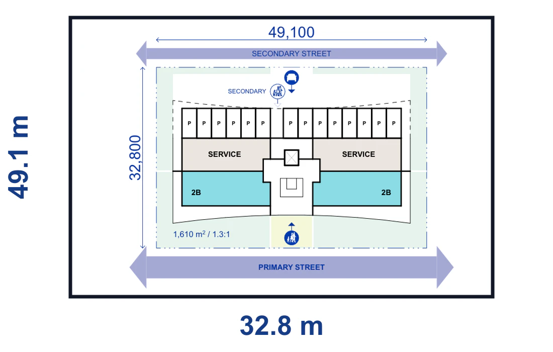 Pattern Book Large Lot Apartments 01 4 storey on grade mid lot with a laneway plan for a 49.1 by 32.8 metre site of 1,610 square metres, showing the complete lot boundary, building footprint, streets, parking or basement access and waste vehicle path where required; the pattern provides 20 to 40 apartments across the complete building