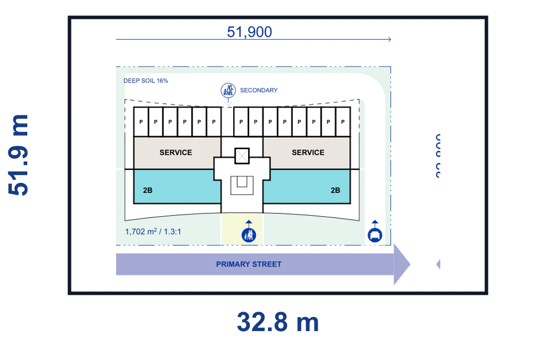 Pattern Book Large Lot Apartments 01 4 storey on grade mid lot with one frontage plan for a 51.9 by 32.8 metre site of 1,702 square metres, showing the complete lot boundary, building footprint, streets, parking or basement access and waste vehicle path where required; the pattern provides 20 to 40 apartments across the complete building